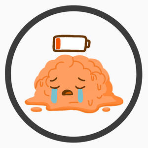 Autistic Burnout Brain icon by Layla Messner Illustrated icon of a brain in autistic burnout with an empty battery above it. The brain looks like it's melting and crying, indicating autistic meltdown and burnout.