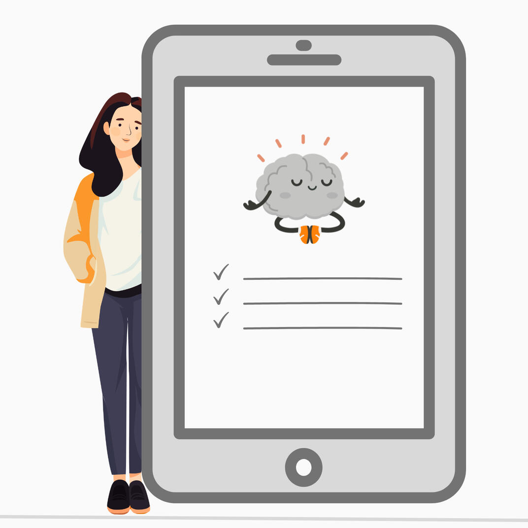 Create a life that works for your autistic brain, illustration by Layla Messner Illustration of a woman wearing a cozy sweater standing next to a mockup of a phone screen with an image of a peaceful brain and check marks next to a to-do-list, indicating creating a life that works for your autistic brain.