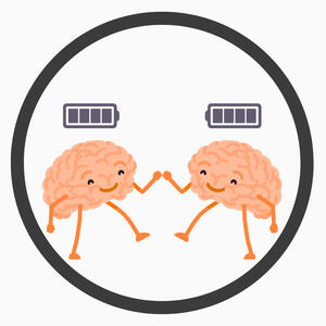Two brains recharging by Layla Messner An icon of two smiling brains connecting with full batteries