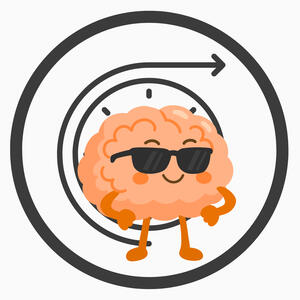 Cool future brain by Layla Messner Icon of a proud brain in sunglasses, in front of a clock with an arrow, indicating the future