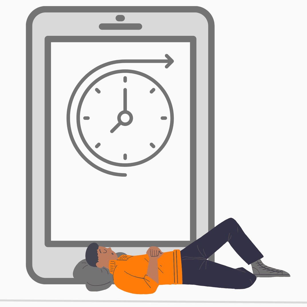 Create a nervous system friendly future illustration by Layla Messner Illustration of a man in an orange sweater resting on in front of a mockup of a phone screen with a future symbol, indicating the prototype of a nervous system friendly future.